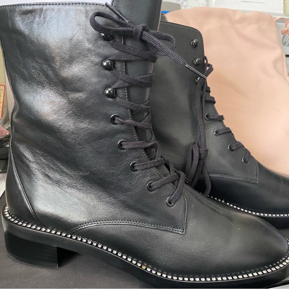 Stuart Weitzman Women Black leather/Swarovski combat boots laced size 41 - Picture 3 of 6